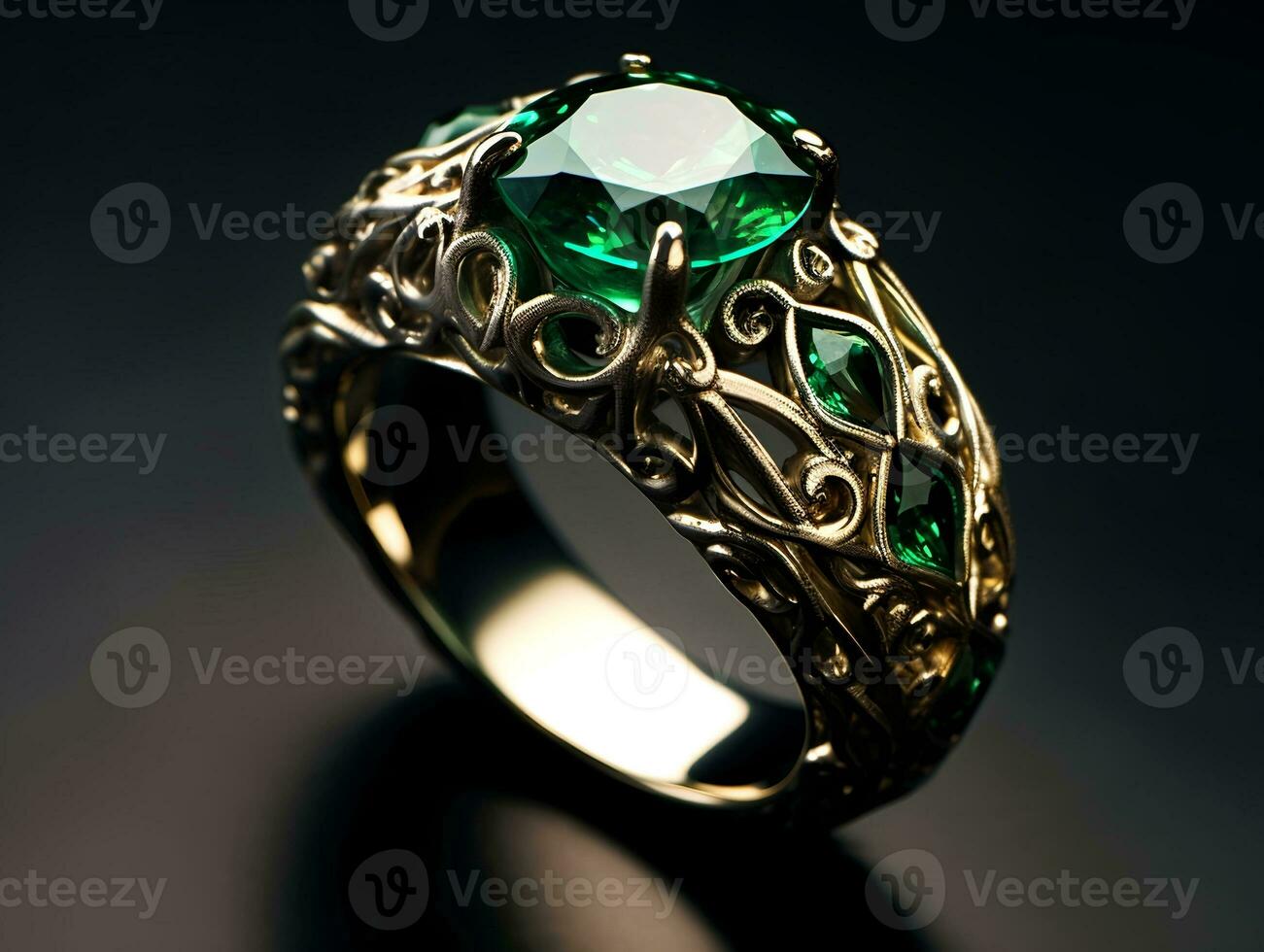 Photography of unique green emerald engagement ring design - AI Generative photo