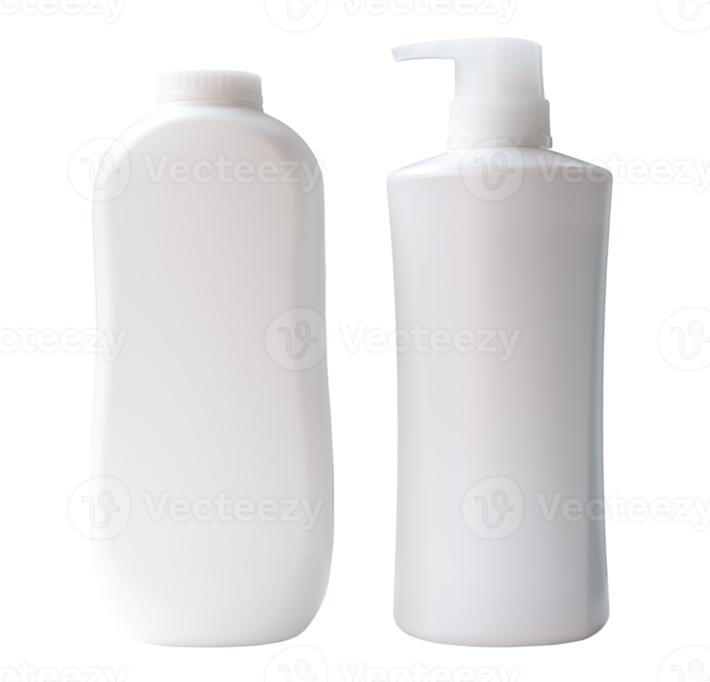 Set of two white shampoo or hair conditioner and powder bottle or container isolated with clipping path in png file format