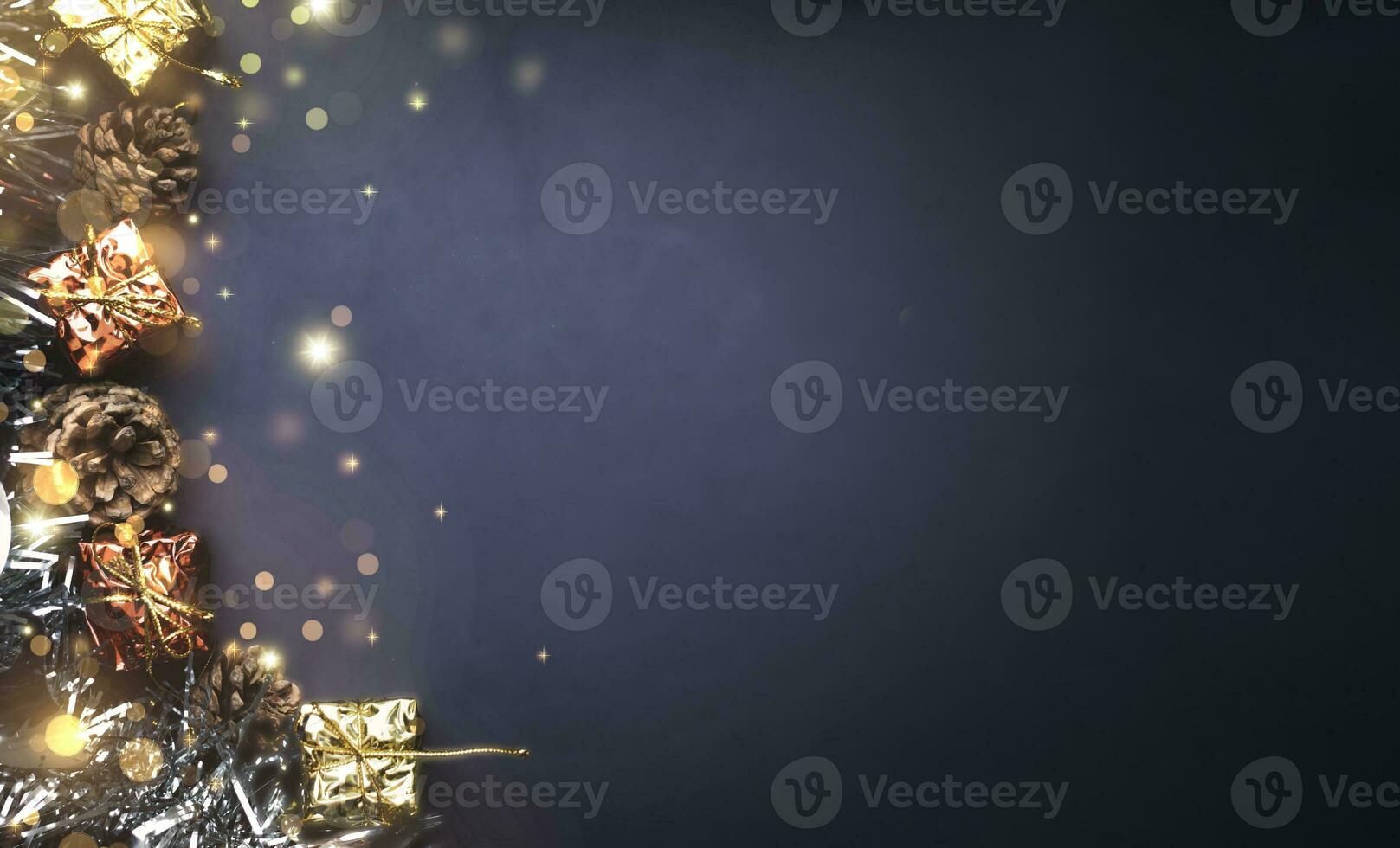 Christmas tree and gift box balls. Bokeh garlands in the blur silver golden background. block to contain the purpose of doing. Developing ideas for the new year 2024. festival of celebration happy. photo
