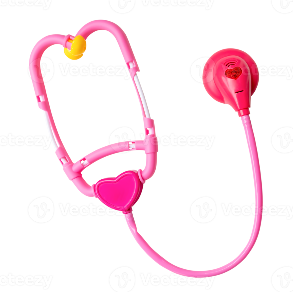 Medical toy of pink plastic stethoscope for kid playing isolated with clipping path in png file format.