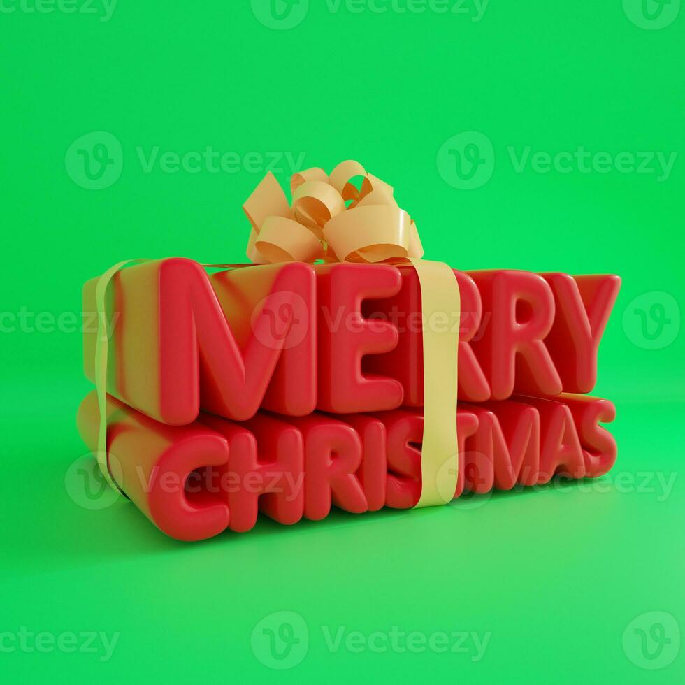 3d rendering of Merry Christmas text in the shape of gift box. Ribbon wrapped around red text isolated on green background. photo