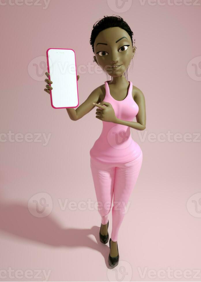 linda joven negro dama 3d dibujos animados personaje participación y demostración teléfono inteligente con blanco pantalla terminado rosado antecedentes. 3d representación. foto