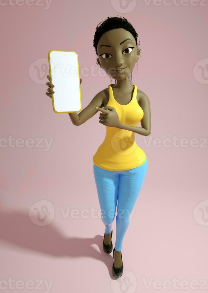 Cute young black lady 3D cartoon character holding and showing phone with blank screen over pink background. 3D rendering. photo