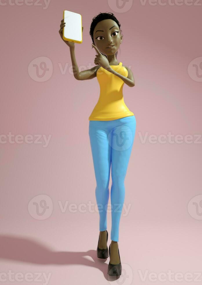 linda joven negro dama 3d dibujos animados personaje participación y demostración teléfono con blanco pantalla terminado rosado antecedentes. 3d representación. foto