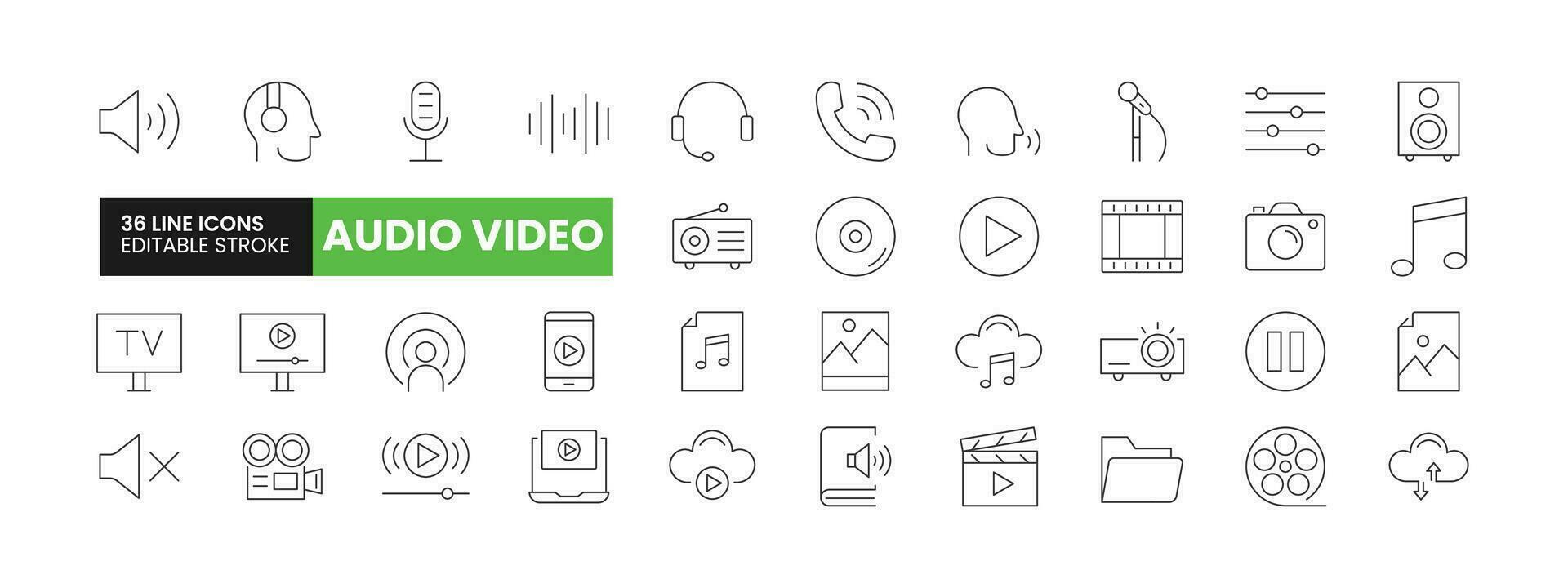 Set of 36 Audio and Video line icons set. Audio and Video outline icons with editable stroke collection. Includes Mute, Camera, Photo, Microphone, Cloud Tech and More. vector
