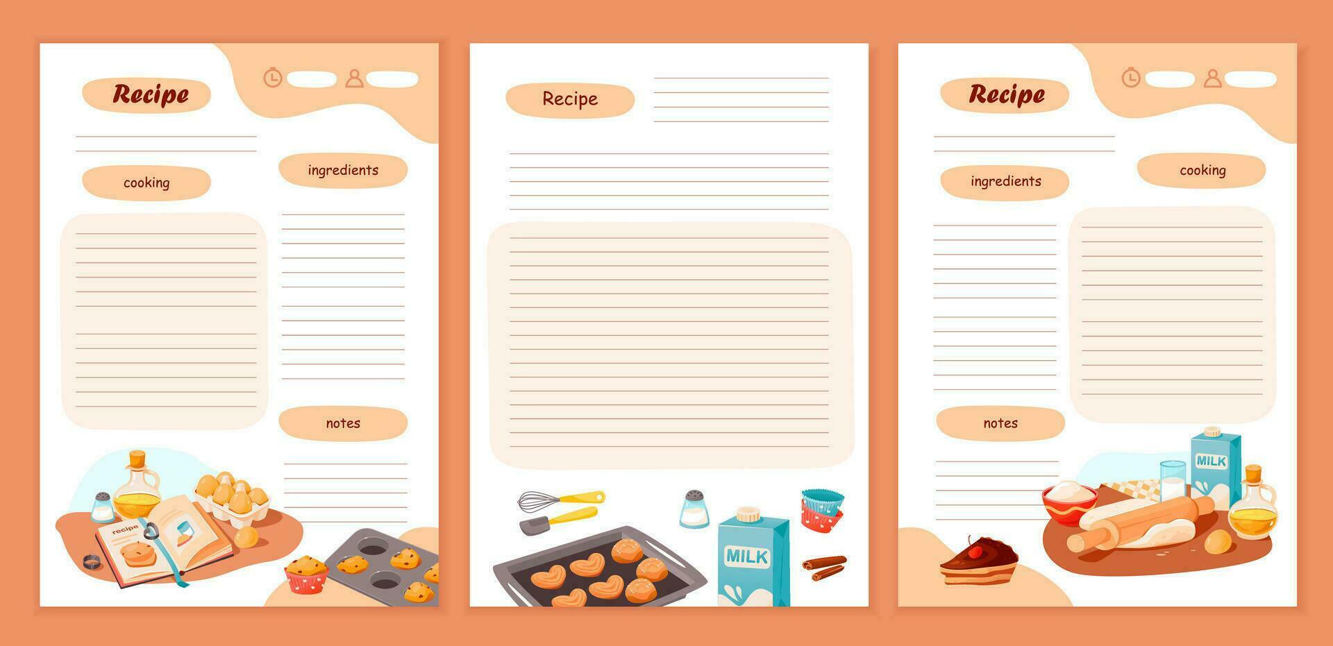 Recipe cards and meal planner. Template cookbook sheets for recipe, notes on cooking and ingredients. Vector cartoon illustration