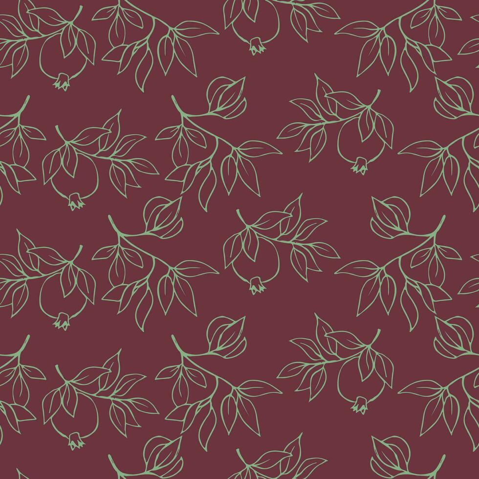 Vector seamless pattern with pomegranate branches and leaves. Wallpaper, background, paper or fabric print