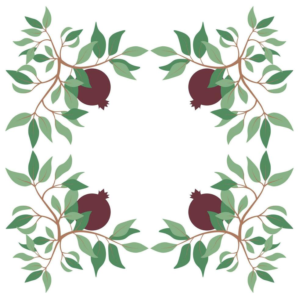 Square vector illustration with symmetrical frame of pomegranate branches on white