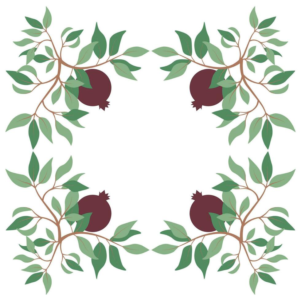 Square vector illustration with symmetrical frame of pomegranate branches on white