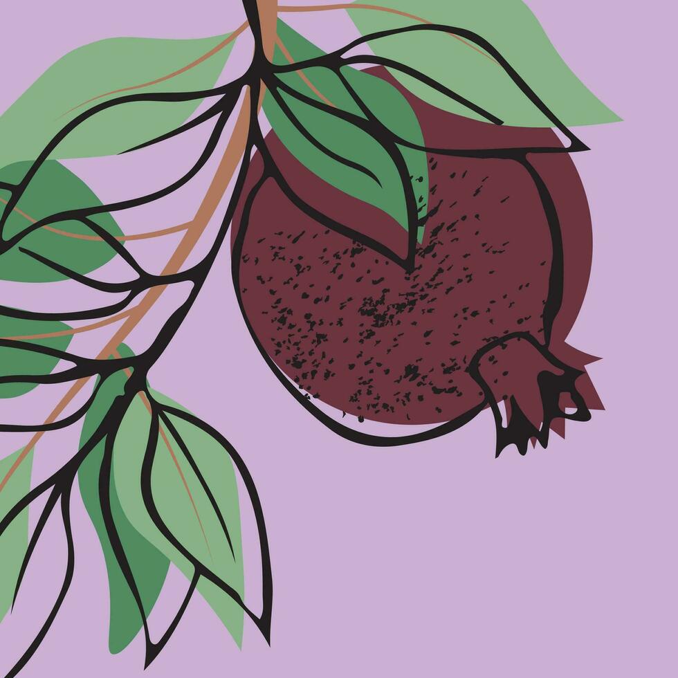 Square vector illustration with pomegranate branches, leaves, and fruit