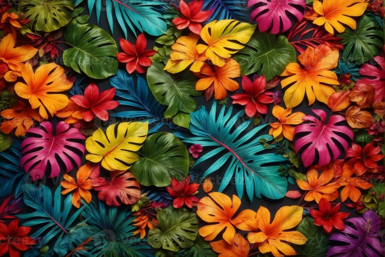 Colorful Tropical Leaves and Flowers, Tropical Flower Background, Exotic Leaves Background, Tropical Flower Wallpaper, AI Generative photo