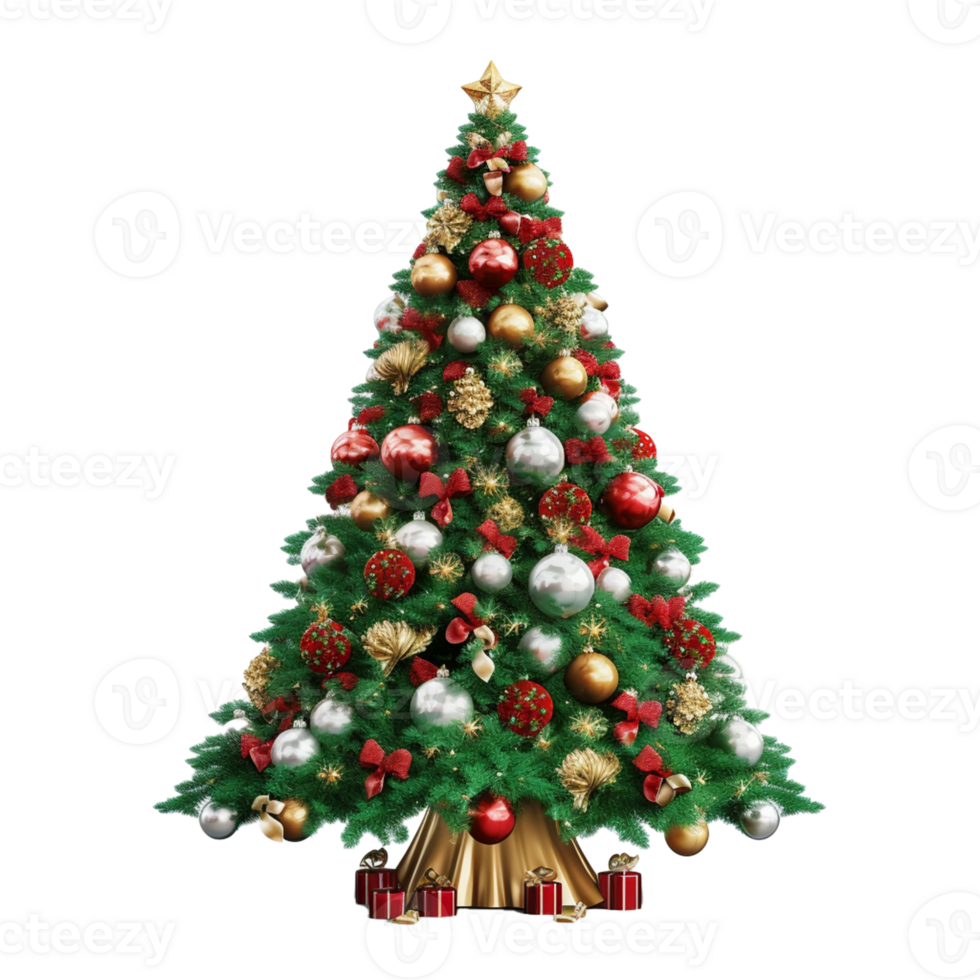 AI Generative beautiful decorated christmas tree on transparent background png