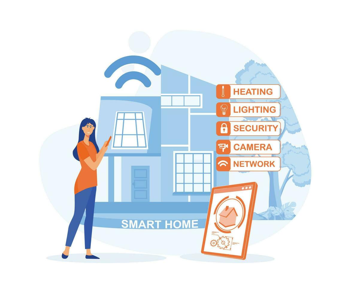 User of home intelligent system, Smart home application, Program on smartphone for security camera, Electric appliance control. flat vector modern illustration