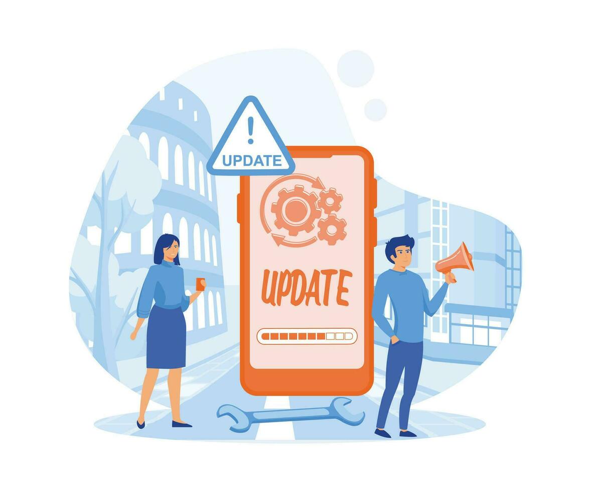 Cartoon software update people for mobile app design. Isometric vector illustration. flat vector modern illustration