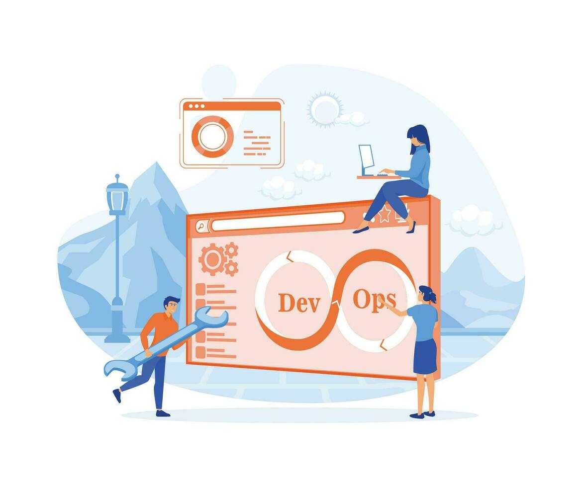 devops concepto minúsculo programadores práctica desarrollo y software . plano vector moderno ilustración