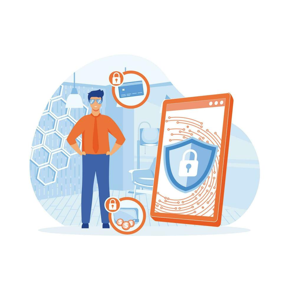 Mobile Data Protection Concept with Guard Character Protect Smartphone With Lock On Screen. flat vector modern illustration