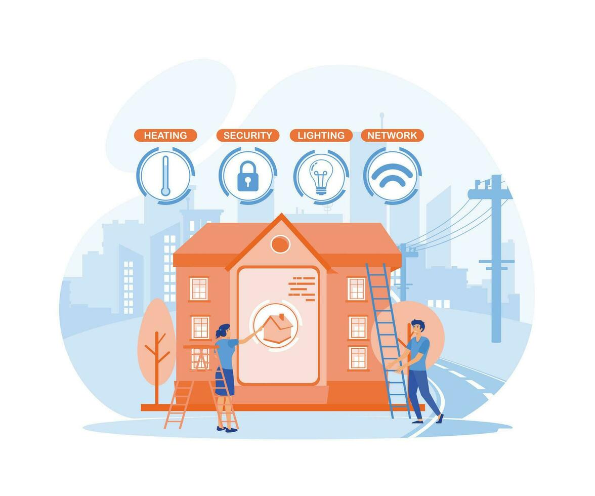 Tiny business people at innovative smart home automation system. flat vector modern illustration