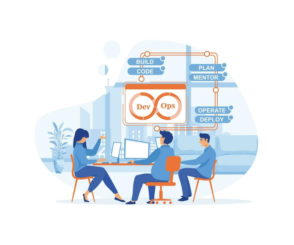 team of programmer concept with devops software development practices methodologyflat vector modern illustration