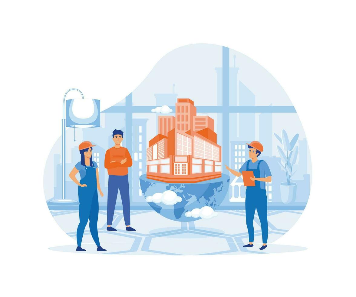 Group architects create and engineering project of city. Team work of cartoon characters. flat vector modern illustration