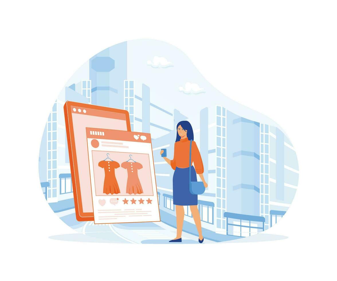 Mobile online shopping, woman buy dresses in online shops, shopping on social networks through phone. flat vector modern illustration