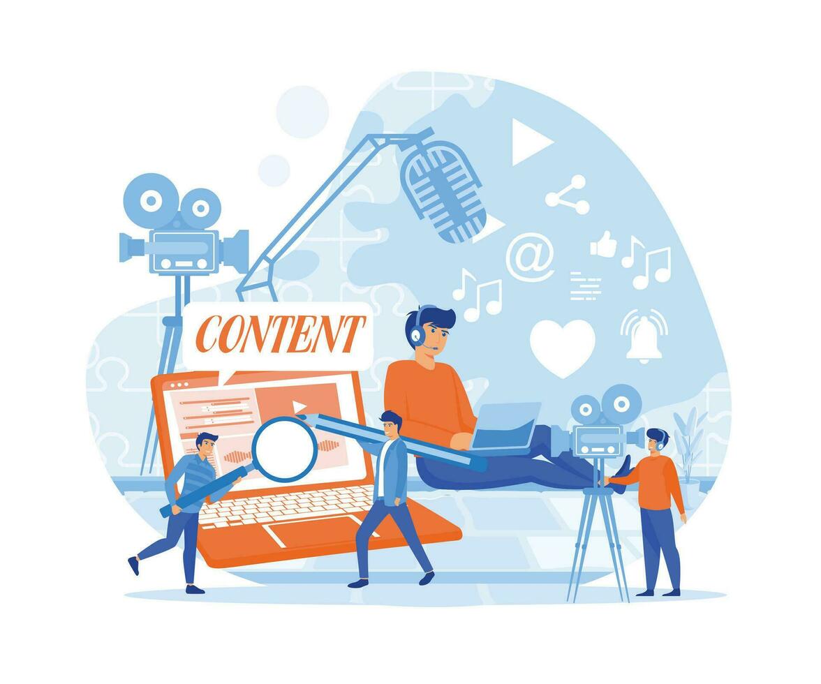 Tiny Characters Creating Content, Copywriting, Marketing Concept. flat vector modern illustration