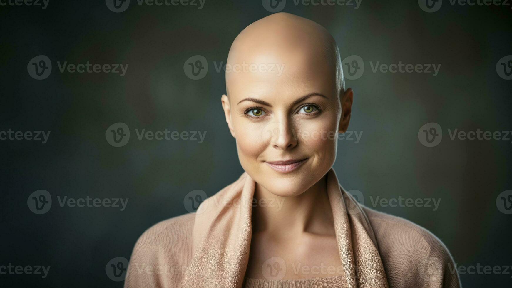 fictiional mid adult woman with bald head as breast cancer survivor, AI Generative photo