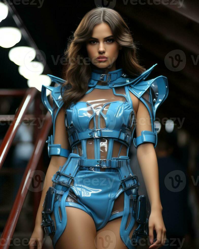 A stunning model adorned in a bold blue garment showcases her fierce fashion sense, her toned thighs and abdomen exuding confidence and style, AI Generative photo