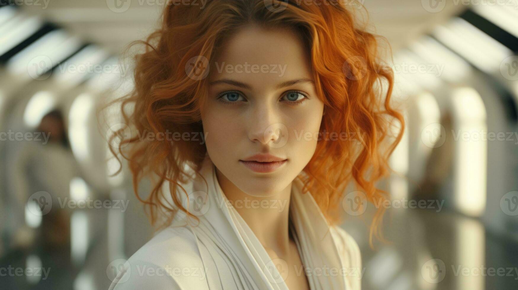 A fiery-haired woman strikes a bold pose, her captivating gaze and flawless makeup making her the ultimate fashion icon indoors, AI Generative photo