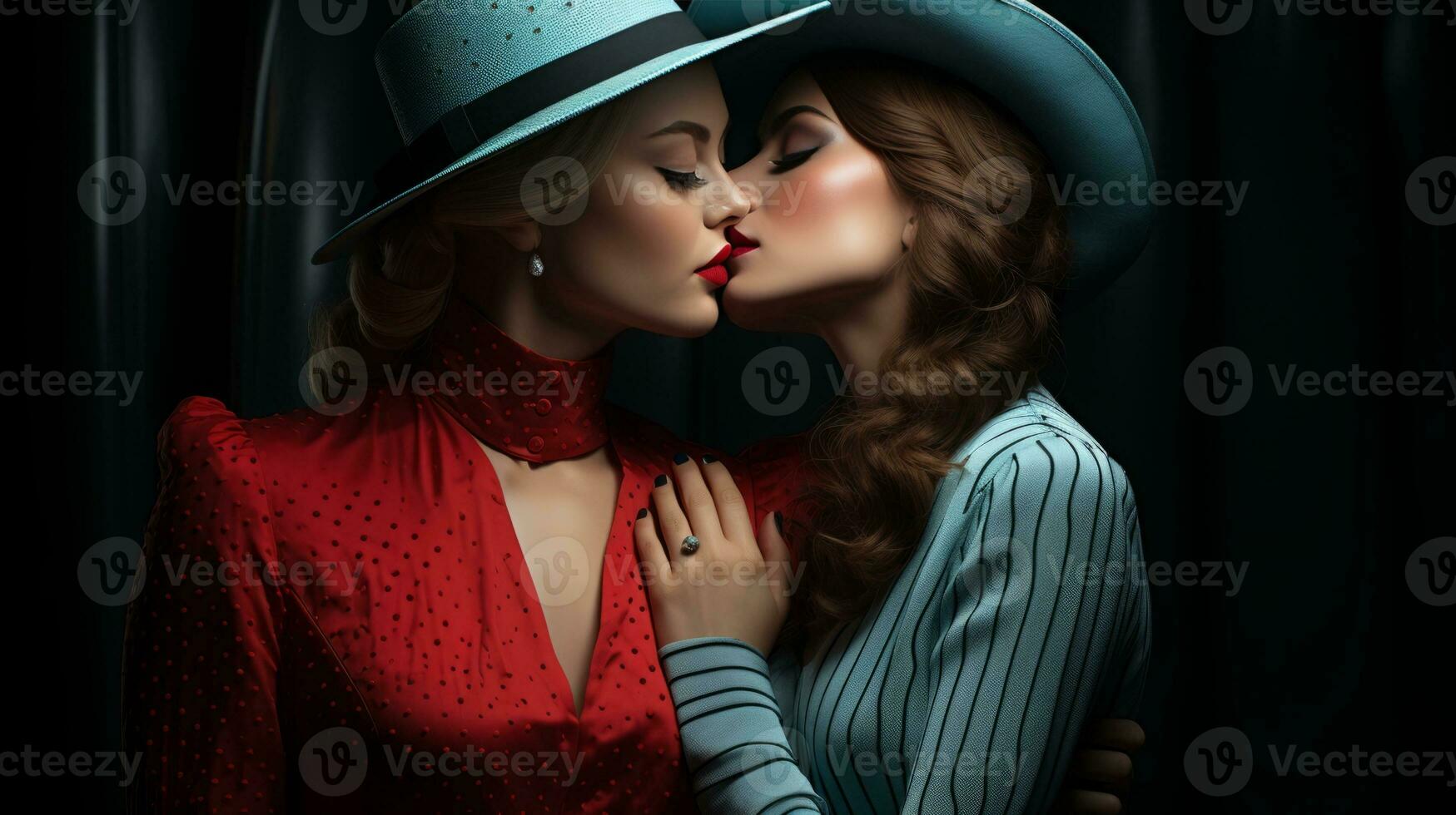 In an indoor portrait, two women clad in fashion-forward clothing and headgear passionately embrace, their red lips meeting in a wild display of love and style, AI Generative photo