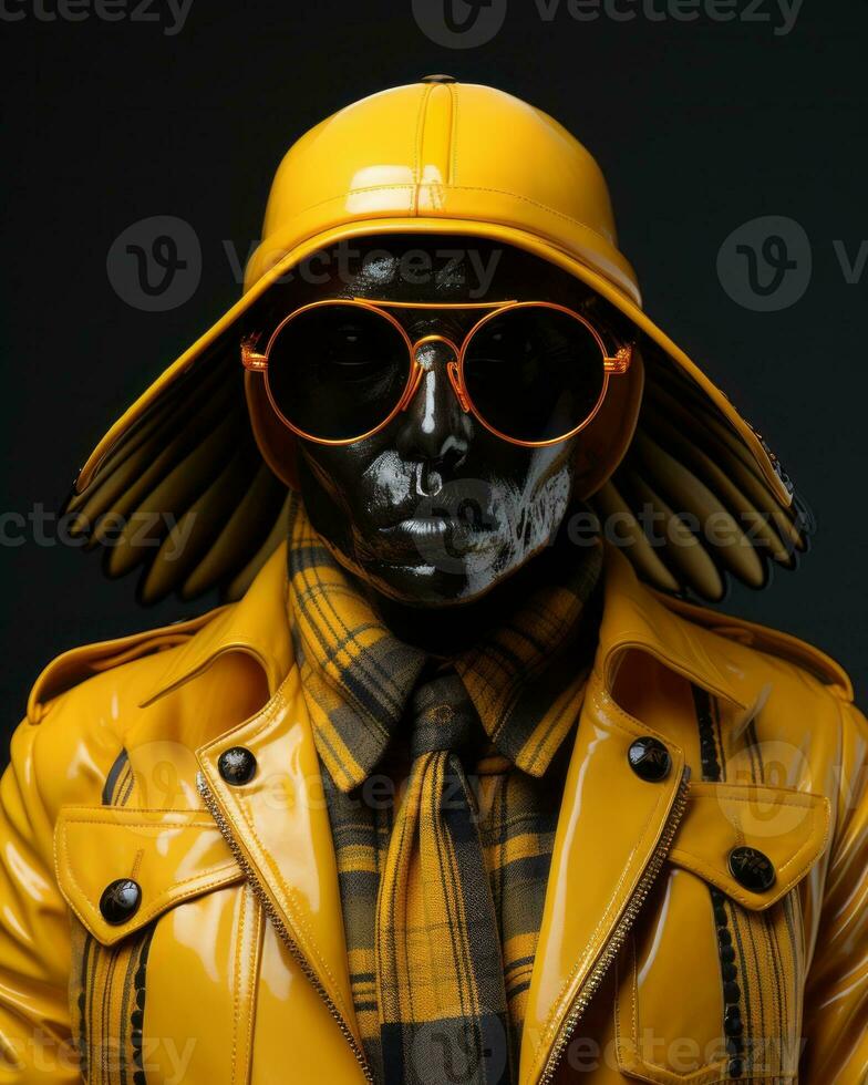 A bold and stylish individual stands out in a crowd with their yellow coat and sunglasses, radiating confidence and exuding an air of mystery and glamour, AI Generative photo