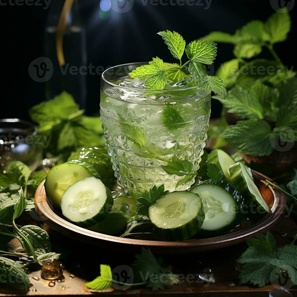 A bowl of cucumber with ice and mint AI Generative photo