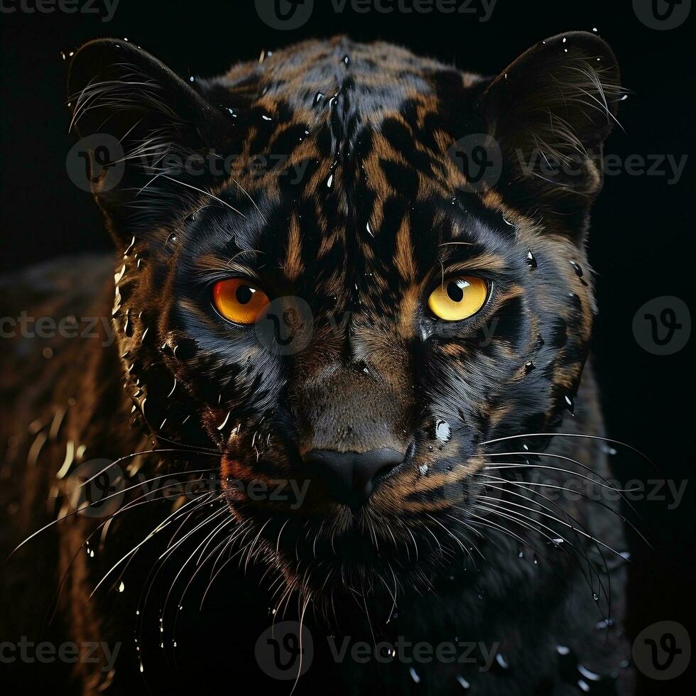 a black leopard with yellow eyes in the dark AI Generative photo