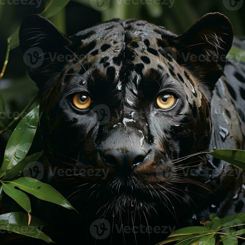 a black jaguar looking at the camera in the jungle AI Generative photo