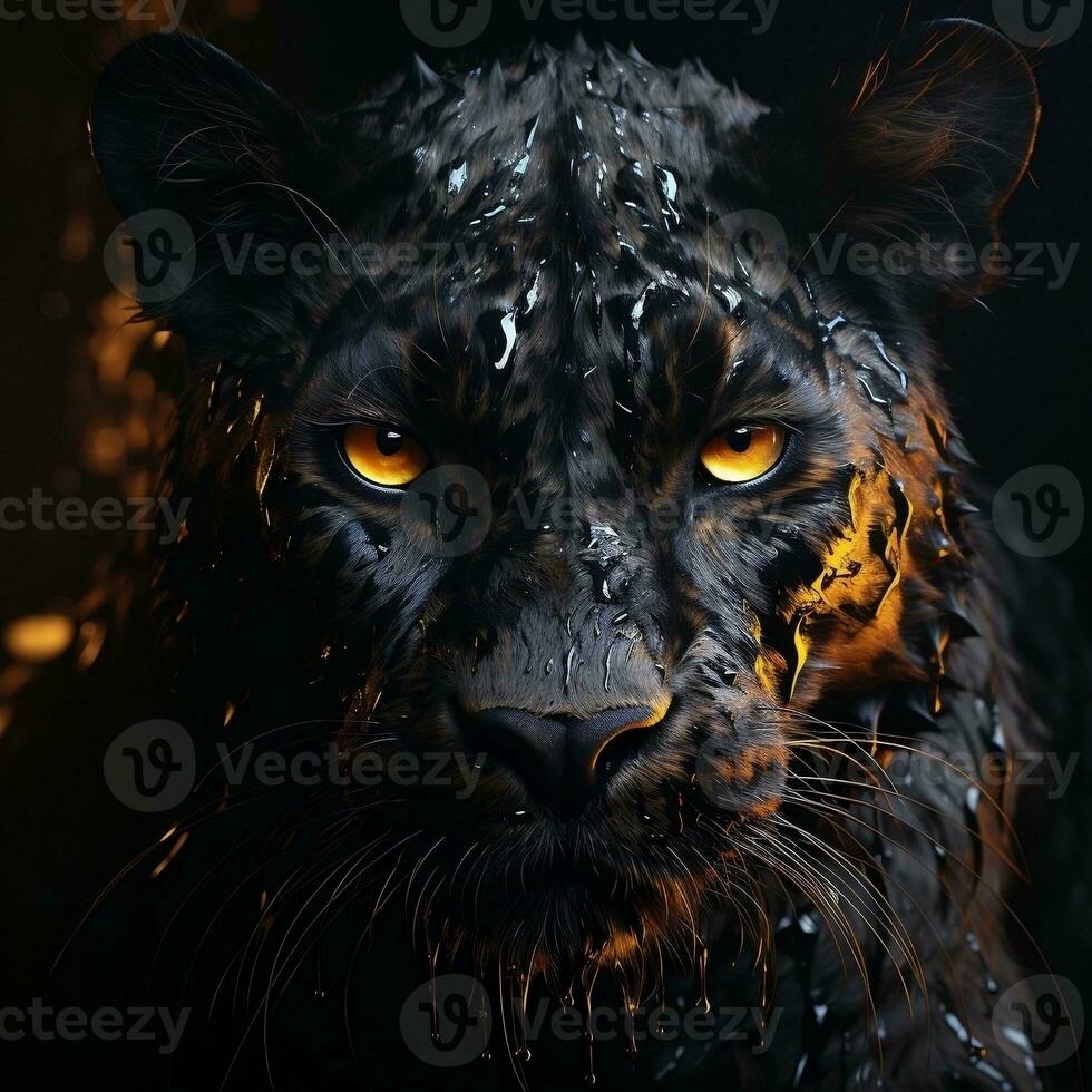 a black leopard with yellow eyes in the dark AI Generative photo