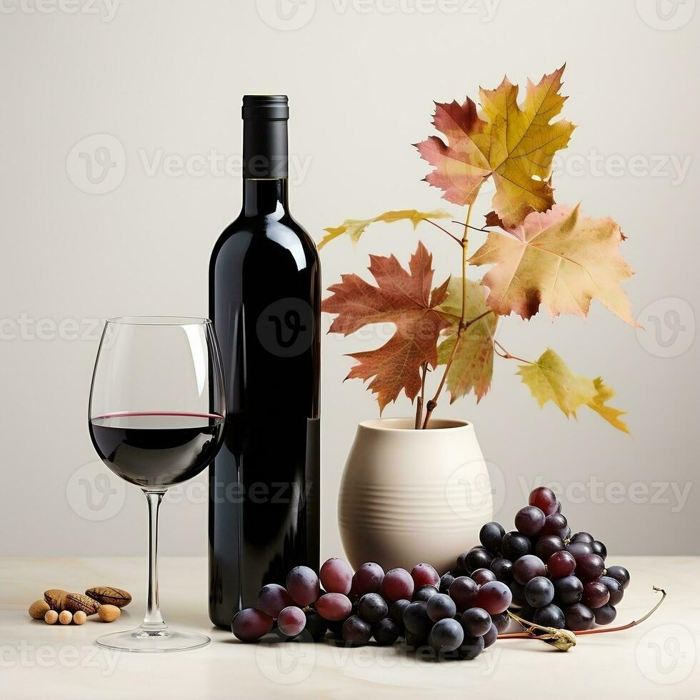 A black bottle of wine and a leaf and grapes AI Generative photo