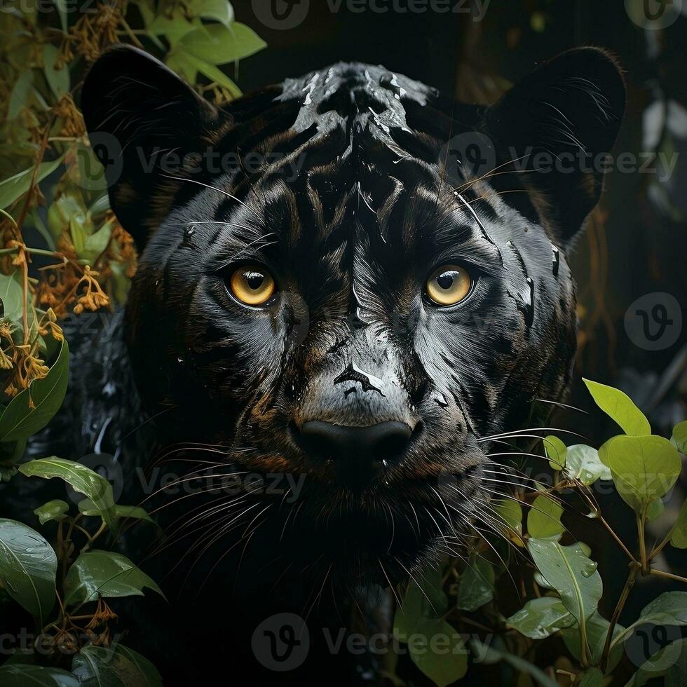a black jaguar looking at the camera in the jungle AI Generative photo