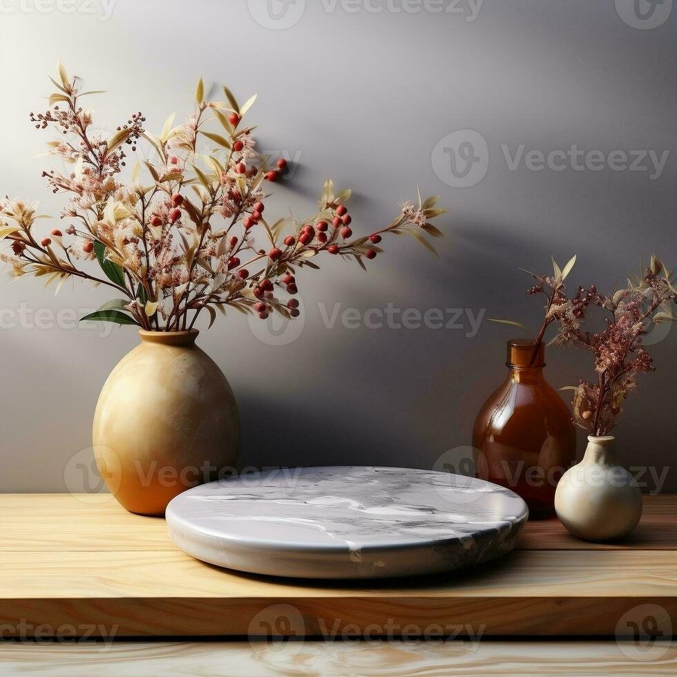 3d mockup of a marble countertop with basket and plants AI Generative photo