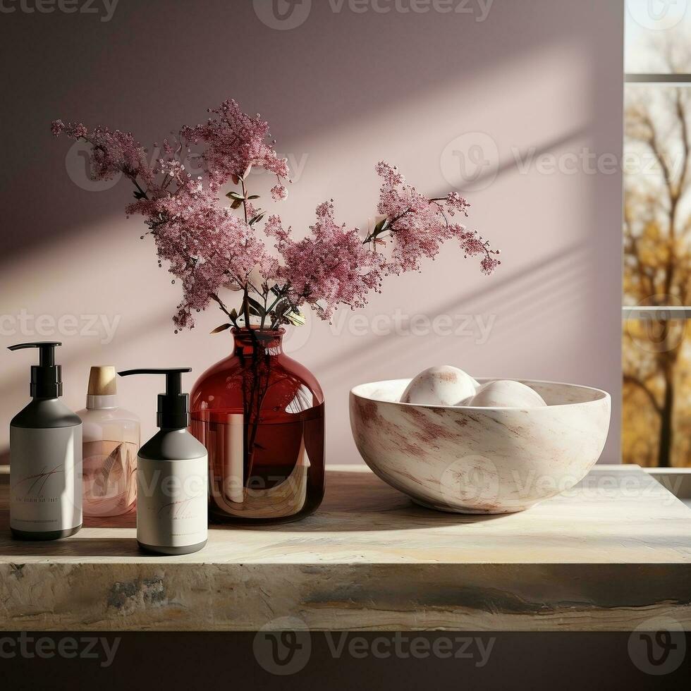 3d mockup of a marble countertop with basket and plants AI Generative photo
