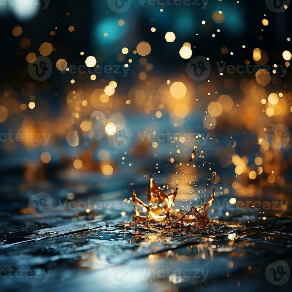 a blue and gold bokeh with lights around them near an abstract blue background AI Generative photo