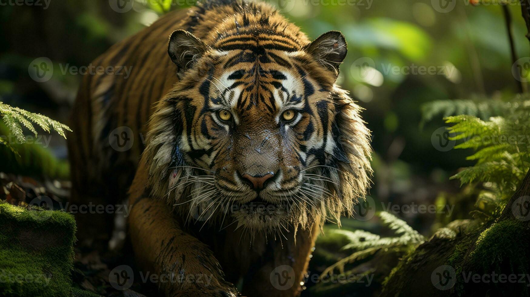 Amidst the lush greenery of the forest, a majestic tiger prowls with fierce grace, its snout raised in a curious gaze as it blends seamlessly with the wild surroundings, AI Generative photo