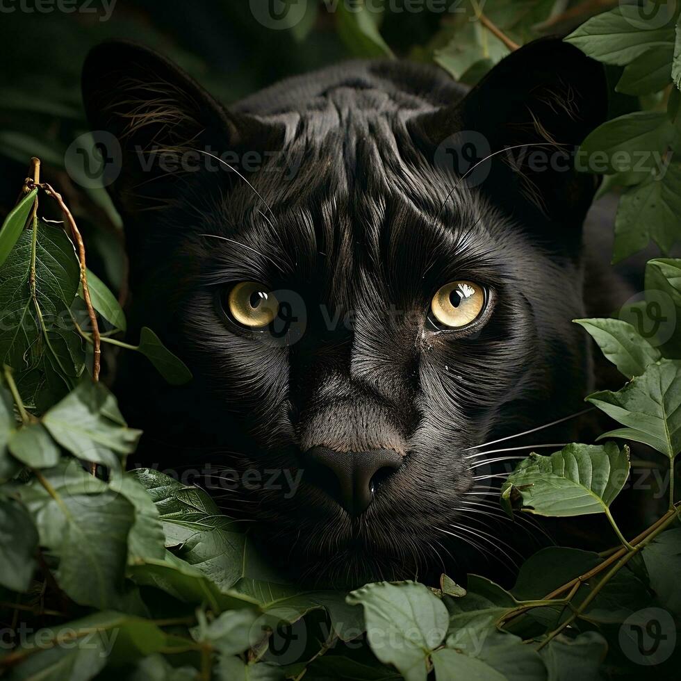 un negro jaguar echar un vistazo mediante el bosque hojas ai generativo foto