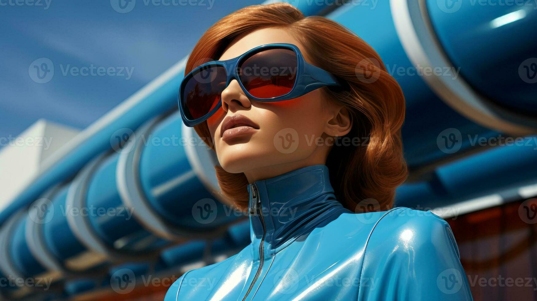 A woman wearing a blue suit and sunglasses, AI Generative photo