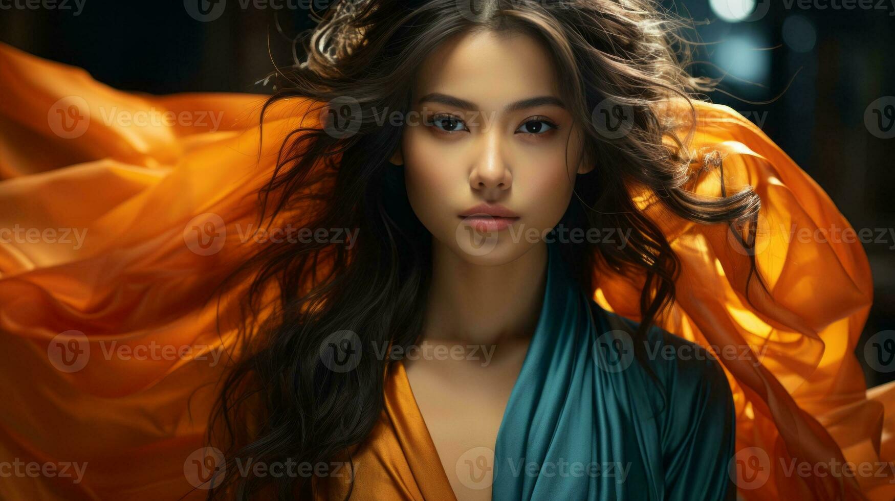 A striking lady adorned in a flowing blue and orange dress, her long hair cascading down her back, exudes confidence and bold fashion choices as she poses for a stunning portrait, AI Generative photo