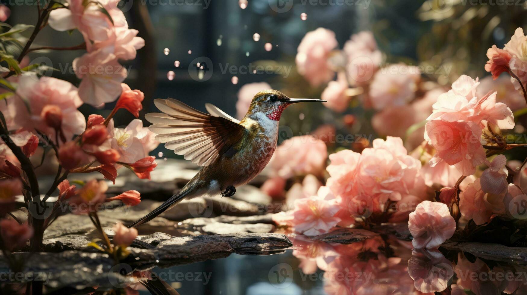 Amidst the vibrant colors of spring, a free-spirited bird gracefully soars through a garden of blooming flowers, embracing the freedom and joy of nature, AI Generative photo