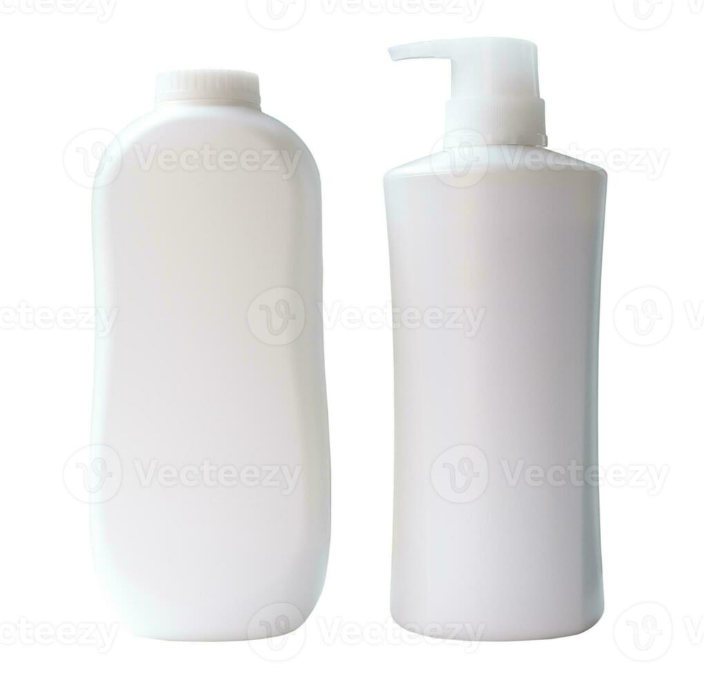Set of two white shampoo or hair conditioner and powder bottle or container isolated on white background with clipping path photo