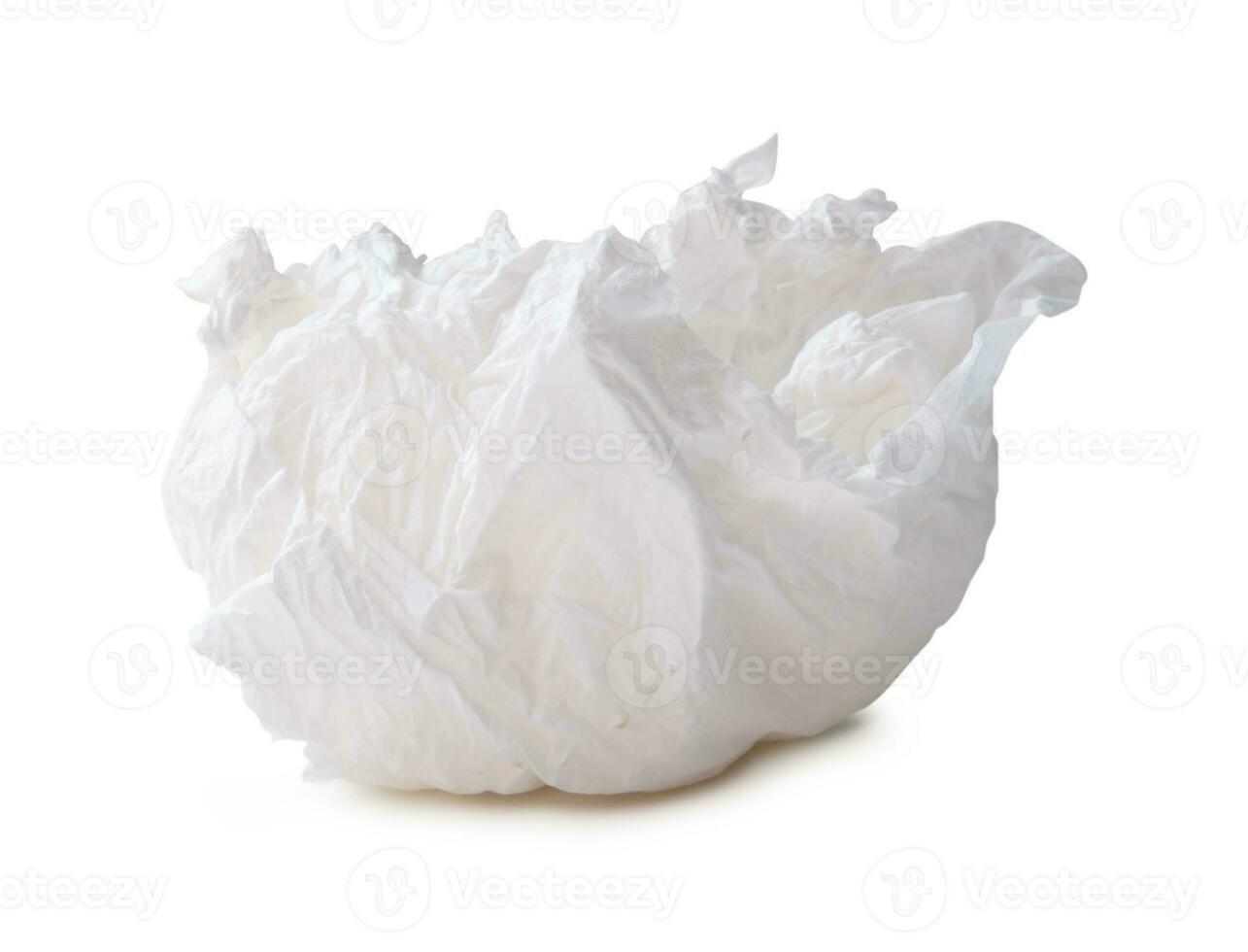 Single white screwed or crumpled tissue paper or napkin in strange shape after use in toilet or restroom isolated on white background with clipping path photo