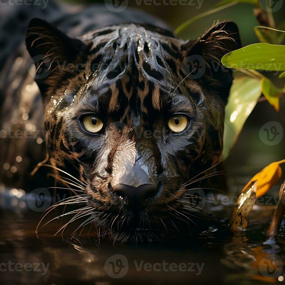 un negro jaguar echar un vistazo mediante el bosque hojas ai generativo foto