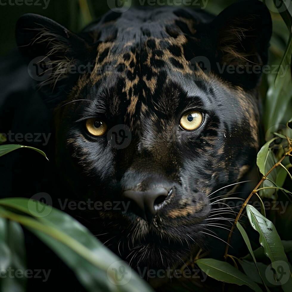 a black panther peering out from the jungle AI Generative photo