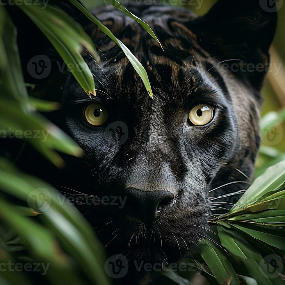 a black panther peering out from the jungle AI Generative photo