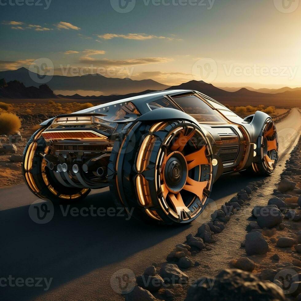 A car with white tires driving on track during sunset AI Generative photo